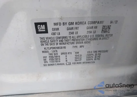 2022 Chevrolet Trax Awd Lt from USA, damaged, VIN KL7CJPSM2NB535195